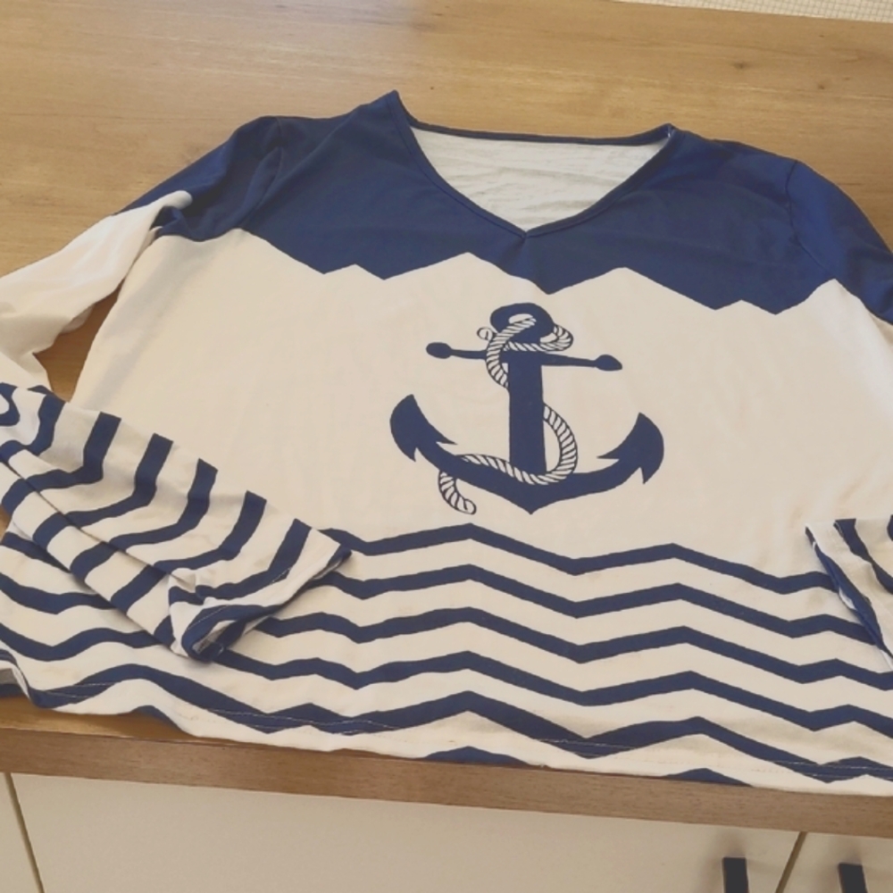 Blue and White Long Sleeve Tee with Anchor Graphic